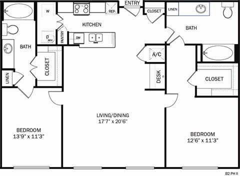 A floor plan of a living/dining area with two bedrooms and a kitchen.